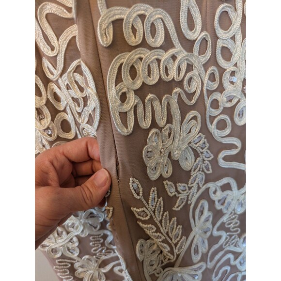 JS Collections Cocktail Dress Size 14 Bell Sleeve Beaded Soutache Elegant Taupe - Picture 7 of 10